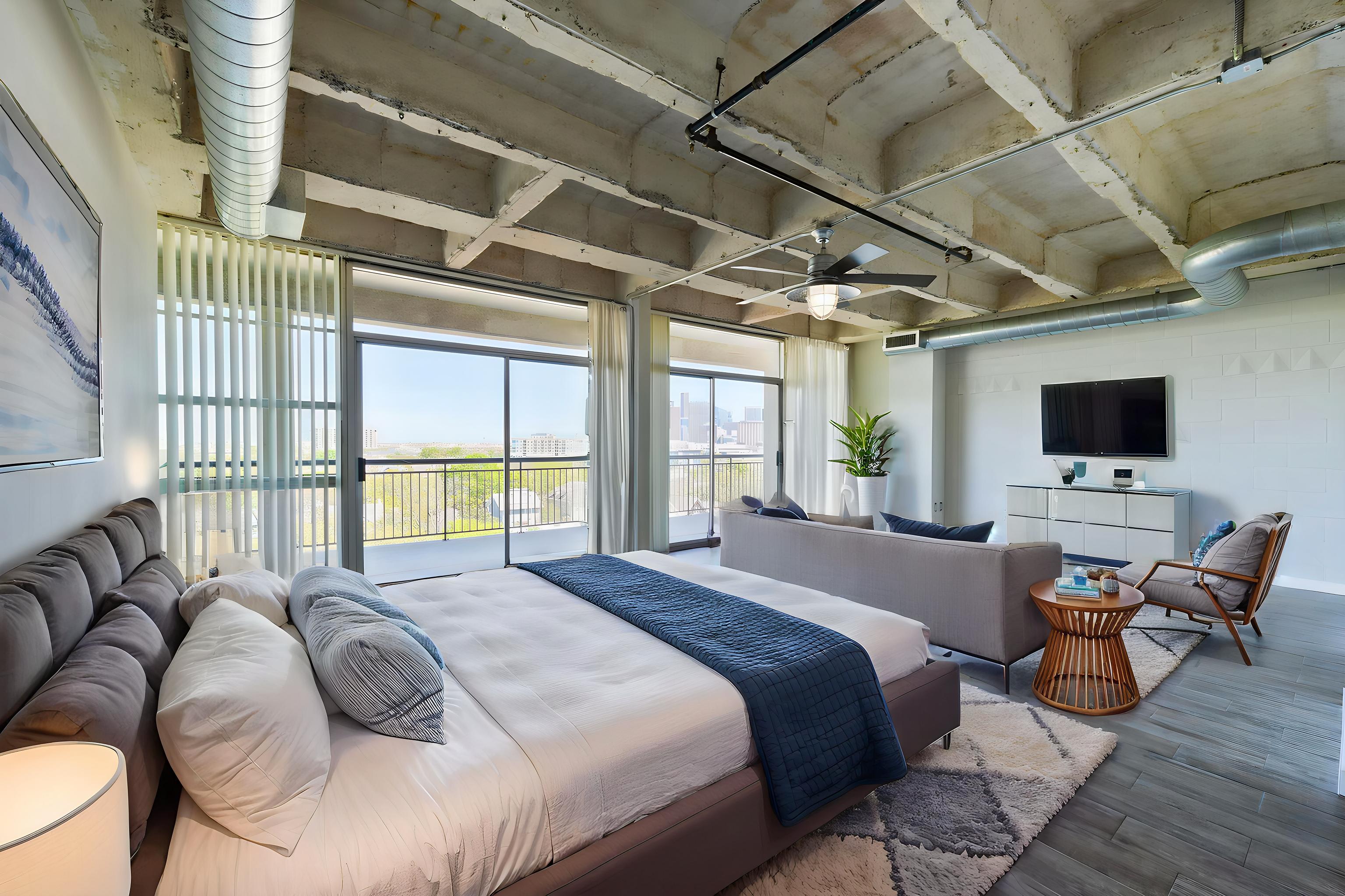Bedroom with city balcony